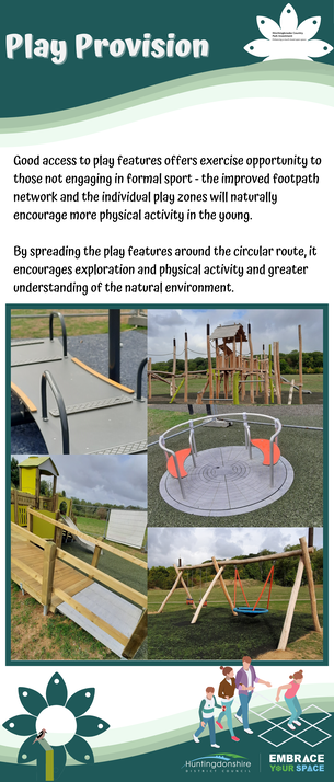 Play Provision Good access to play features offers exercise opportunity to those not engaging in formal sport - the improved footpath network and the individual play zones will naturally encourage more physical activity in the young. By spreading the play features around the circular route, it encourages exploration and physical activity and greater understanding of the natural environment.