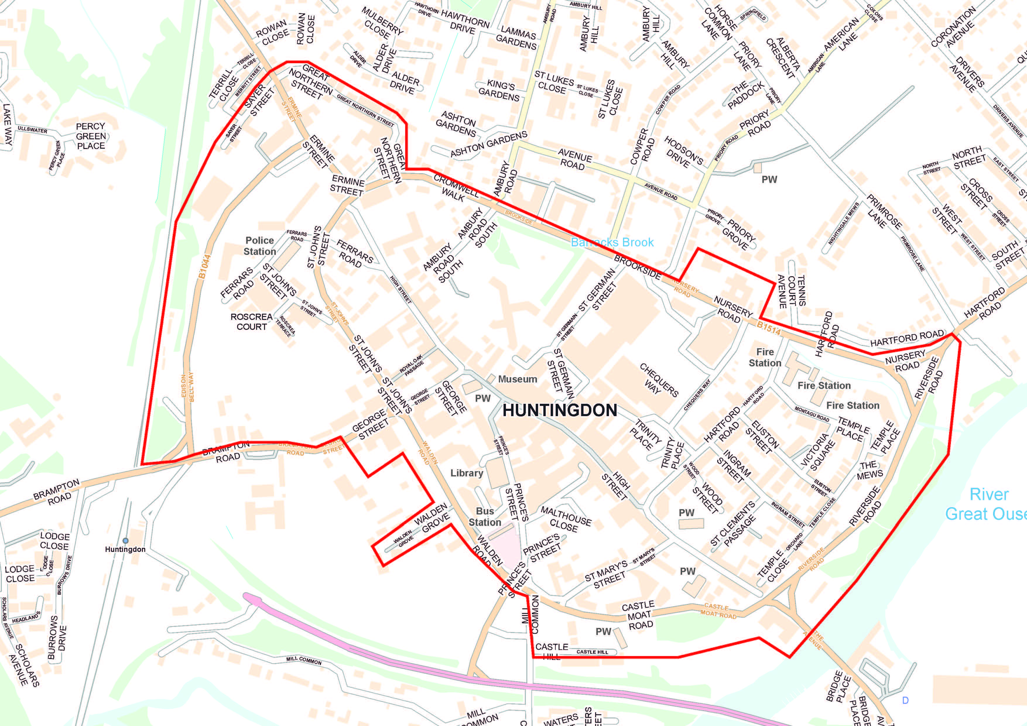Map of Huntingdon town centre boundary